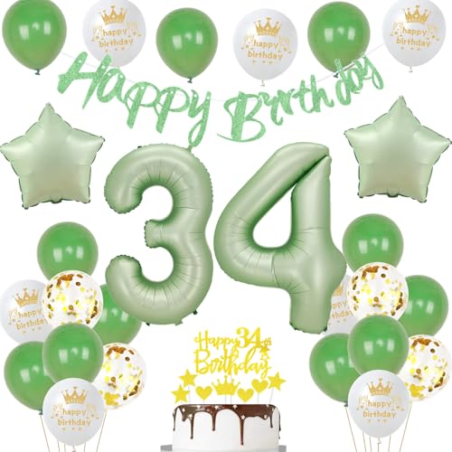 34 Geburtstag Deko Mann Frauen Luftballon 34.geburtstag Deko oliv grün Geburtstagsdeko 34 Jahre Männer ballons Cake Topper Gold für 34 Geburtstag Frau party 34 Frauen grün von Ohaoduo