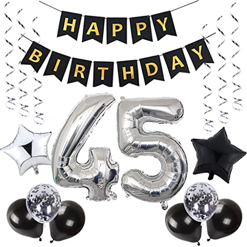 45. Geburtstagsdeko Luftballons, Geburtstagsdeko 45 Jahr Männer Schwarz Silber, 45. Geburtstag Dekoration, Luftballon 45. Geburtstag Party Deko, Happy Birthday Banner 45 Geburtstag von Ohaoduo