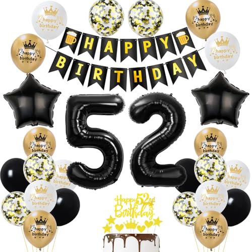 52 Geburtstag Deko mann frauen, Gold Schwarz Party Deko 52. Geburtstag Männer frauen mit Luftballons Zahl 52 Tortendeko Happy Birthday Banner Ballons für Geburtstagsdeko 52 jahre frau von Ohaoduo