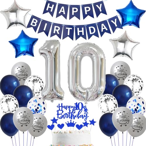 Ballon 10 Geburtstag Deko Junge blau Deko 10. Geburtstag Junge Marinebla Silber Geburtstagsdeko 10 jahre Luftballons 10. silber Happy Birthday Banner Für 10 Party Deko von Ohaoduo