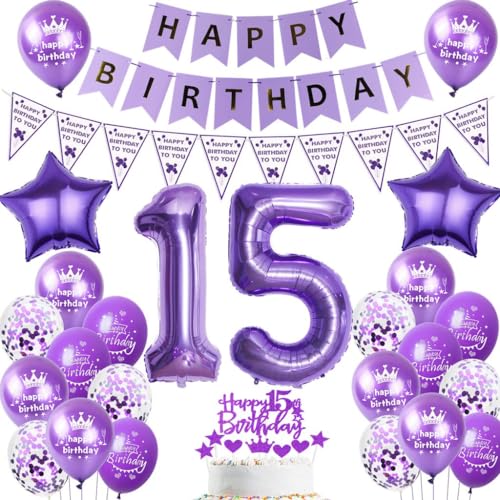 Ohaoduo Ballon 15. Geburtstag Deko mädchen lila: 40-teiliges Set mit Luftballons, Girlanden, Banner, Tortendeko und Band für Mädchen zum 15. Geburtstag von Ohaoduo