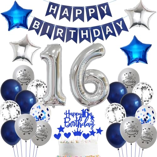 Ballon 16 Geburtstag Deko Junge blau Deko 16. Geburtstag Junge Marinebla Silber Geburtstagsdeko 16 jahre Luftballons 16. silber Happy Birthday Banner Für 16 Party Deko von Ohaoduo