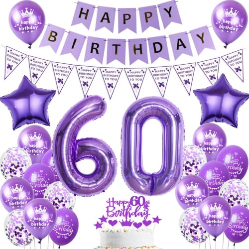 Ballon 60 Geburtstag Deko frauen lila Deko 60. Geburtstag frau lila Geburtstagsdeko 60 jahre frauen Luftballon 60.Happy Birthday Banner 60 mädchen Party Dekoration von Ohaoduo