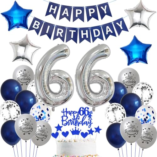 Ballon 66 Geburtstag Deko mann blau Deko 66. Geburtstag mann Marinebla Silber Geburtstagsdeko 66 jahre männer Luftballons 66. silber Happy Birthday Banner Für 66 Party Deko von Ohaoduo