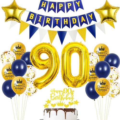 Blau 90 Geburtstag Deko Mann Frau,Luftballons 90 Geburtstag Blau Gold, 90. Geburtstag Männer Party Deko,Blau Gold 90. Geburtstag Dekoration,Tortendeko Geburtstag 90 Jahre Mann,Ballon 90 Jahre von Ohaoduo