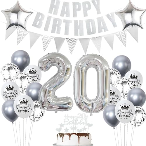 Geburtstagsdeko 20 Jahr Silber - Luftballons und Ballon für 20. Geburtstag - Party Deko für Mädchen und Jungen - Tortendeko Geburtstagsdeko 20 Jahr Silber - Luftballons und Ballon für 20. Geburtstag - Party Deko für Mädchen und Jungen - Tortendeko von Ohaoduo