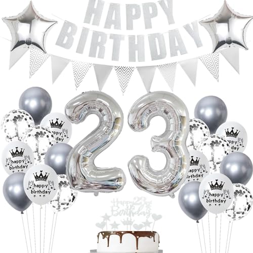 Geburtstagsdeko 23 Jahr Silber - Luftballons und Ballon für 23. Geburtstag - Party Deko für Mädchen und Jungen - Tortendeko von Ohaoduo