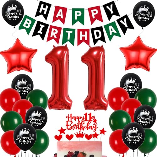 Luftballon 11. Geburtstag Rot Grün, Deko 11 Geburtstag Mädchen Junge, 11 Jahr Geburtstagdeko Rot Grün Schwarz, Junge Mädchen 11. Party Deko, 11 Jahr Geburtstag Grün Rot Party Ballons von Ohaoduo