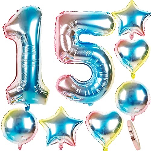 Luftballons 15 Geburtstag Dekoration Mädchen Junge bunt Zahlenballon 15 + herz/Stern Helium Folienballon 15 jahre geburtstag deko Mädchen rosa geburtstagsdeko 15.geburtstag deko Junge Mädchen(15) von Ohaoduo
