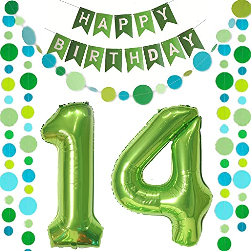 Luftballons Zahl 14 Grün + Happy Birthday Girlande + banner Folienballon 14.Geburtstags deko Mädchen jungen ballons 14 Jahre Geburtstag deko Zahlenballon 14 Geburtstag dekoration Mädchen junge(14) von Ohaoduo