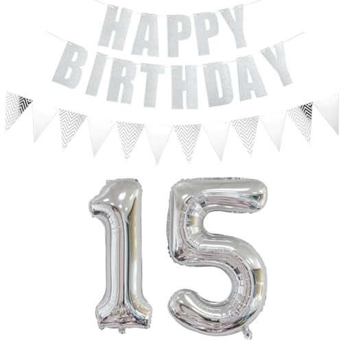 Luftballons Zahl 15 + Happy Birthday Girlande + banner Folienballon 15.Geburtstags deko Mädchen jungen Silber ballons 15 Jahre Geburtstag deko Zahlenballon 15 Geburtstag dekoration Mädchen junge(15) Luftballons Zahl 15 + Happy Birthday Girlande + banner Folienballon 15.Geburtstags deko Mädchen jungen Silber ballons 15 Jahre Geburtstag deko Zahlenballon 15 Geburtstag dekoration Mädchen junge(15) von Ohaoduo