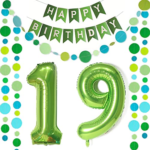 Luftballons Zahl 19 Grün + Happy Birthday Girlande + banner Folienballon 19.Geburtstags deko Mädchen jungen ballons 19 Jahre Geburtstag deko Zahlenballon 19 Geburtstag dekoration Mädchen junge(19) von Ohaoduo