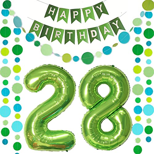 Luftballons Zahl 28 Grün + Happy Birthday Girlande + banner Folienballon 28.Geburtstags deko frau mann ballons 28 Jahre Geburtstag deko frauen Zahlenballon 28 Geburtstag dekoration Männer frau(28) von Ohaoduo