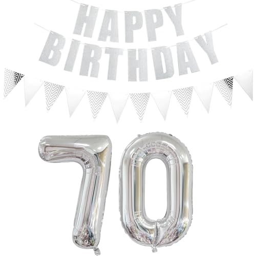 Luftballons Zahl 70 Silber + Happy Birthday Girlande + banner Folienballon 70.Geburtstags deko frau mann ballons 70 Jahre Geburtstag deko frauen Zahlenballon 70 Geburtstag dekoration Männer frau(70) von Ohaoduo