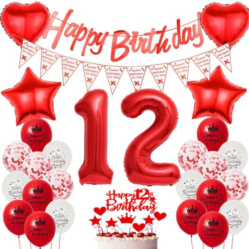 Ohaoduo 12er Set: Rot Luftballons, Happy Birthday Banner, Wimpel, Tortenaufsatz, Ballonbänder - 12. Geburtstag Mädchen Ohaoduo 12er Set: Rot Luftballons, Happy Birthday Banner, Wimpel, Tortenaufsatz, Ballonbänder - 12. Geburtstag Mädchen von Ohaoduo