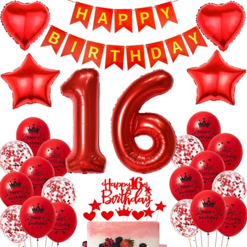 Ohaoduo 16 Geburtstag Deko Mädchen rot 16 Geburtstag Dekoration rot Geburtstagsdeko 16 jahre Luftballons Folienballon 16. Party Deko 16 Mädchen Tortendeko von Ohaoduo