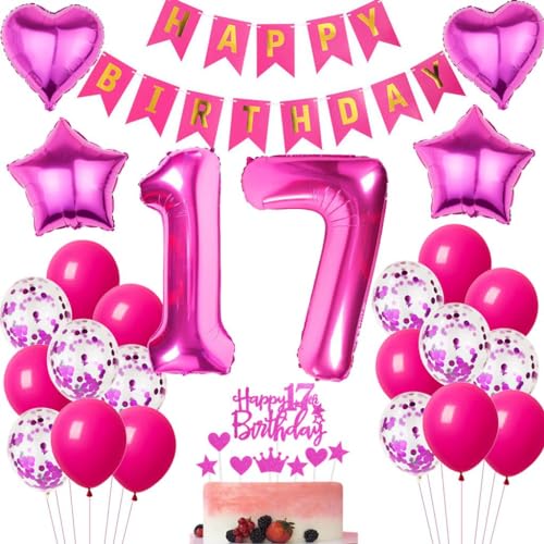 Ohaoduo 17 Geburtstag Deko Mädchen rosa rot 17 Geburtstag Dekoration rosa rot Geburtstagsdeko 17 jahre Mädchen Luftballons Folienballon 17. Geburtstag Deko 17 Geburtstag Mädchen Tortendeko rosa von Ohaoduo