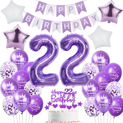 Ohaoduo 22 Geburtstag Deko Frauen Lila 22 Geburtstag Dekoration Lila Geburtstagsdeko 22 jahre Frau Luftballons Folienballon 22. Party Deko 22 Frauen Mädchen Tortendeko von Ohaoduo