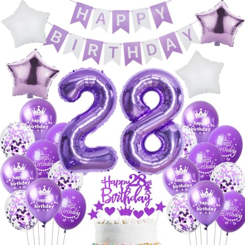 Ohaoduo 28 Geburtstag Deko Frauen Lila 28 Geburtstag Dekoration Lila Geburtstagsdeko 28 jahre Frau Luftballons Folienballon 28. Party Deko 28 Frauen Mädchen Tortendeko von Ohaoduo