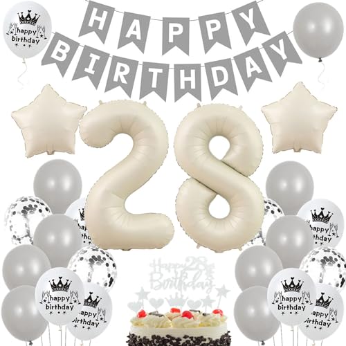 Ohaoduo 28. Geburtstag Deko Beige, Grau - Ballon-Set mit 28 Stück, für Erwachsene, unisex, Geburtstagsparty, 32 Zoll Zahl Folienballons '28', Happy Birthday Banner, Tortendeko, Konfetti Luftballons Ohaoduo 28. Geburtstag Deko Beige, Grau - Ballon-Set mit 28 Stück, für Erwachsene, unisex, Geburtstagsparty, 32 Zoll Zahl Folienballons '28', Happy Birthday Banner, Tortendeko, Konfetti Luftballons von Ohaoduo