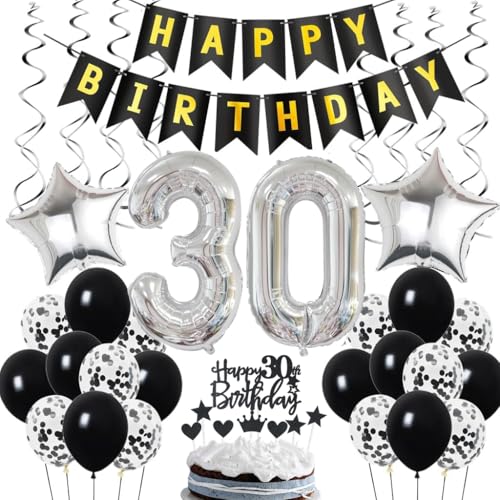Ohaoduo 30. Geburtstag Dekoration, Geburtstagsdeko 30 Jahre Männer, 30. Geburtstag Mann Deko, 30 Ballon Schwarz und Silber Deko, Luftballon 30. Party , 30 Mann Frau von Ohaoduo