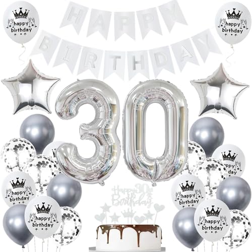 Ohaoduo 30. Geburtstag Deko Silber - Tortendeko für Frauen und Männer - Ballon und Geburtstagsdeko für 30 Jahre von Ohaoduo