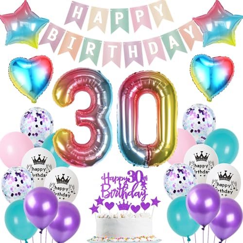 Ohaoduo 30. Geburtstag Dekoration Frau: bunt 'Happy Birthday' Banner, 32 inch Nr. 30 Folienballon, 18 inch Stern & Herz Folienballons, 12 inch bunte Latex & Konfetti Ballons, Tortendeko & Ballonband Ohaoduo 30. Geburtstag Dekoration Frau: bunt 'Happy Birthday' Banner, 32 inch Nr. 30 Folienballon, 18 inch Stern & Herz Folienballons, 12 inch bunte Latex & Konfetti Ballons, Tortendeko & Ballonband von Ohaoduo