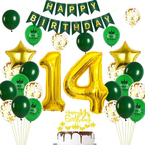Ohaoduo Luftballons 14. Geburtstag Junge Mädchen Dekoration Grün Gold Tortendeko Geburtstag 14 Junge Deko 14. Geburtstag Mädchen Party Deko Grün Geburtstagsdeko 14 Jahre Junge Mädchen Luftballon von Ohaoduo