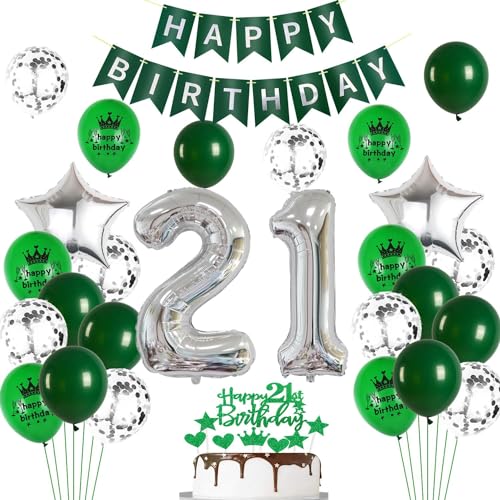 Ohaoduo Luftballons 21. Geburtstag Mann Frauen Dekoration Grün Silber Tortendeko Geburtstag 21 männer Deko 21. frau Party Deko Grün Geburtstagsdeko 21 Jahre frauen Luftballon 21 von Ohaoduo