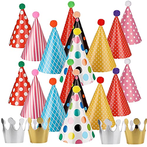 Ohaoduo Partyhüte Geburtstag Kindergeburtstag Set, 22 Stück Partyhüte Set Partyhütchen Geburtstag Kegel Hüte Happy Birthday Partyhütchen und Krone Hut für Kinder Festival Baby Shower von Ohaoduo