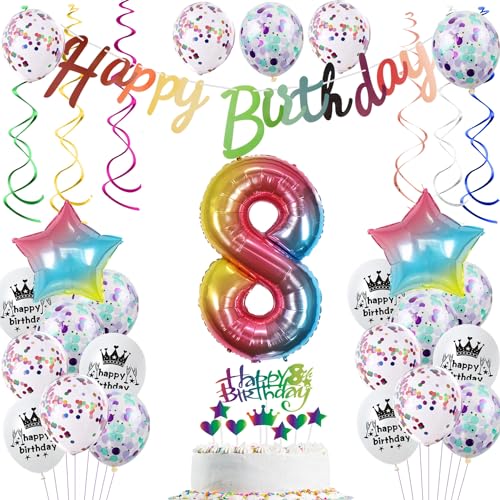 Ohaoduo Regenbogen Luftballon 8 Jahre Geburtstag Mädchen, 8. Geburtstag Deko Regenbogen, Bunt, Sternfolienballons, Happy Birthday Banner, Latexballons, Konfetti, Hängende Deko, Tortendeko Ohaoduo Regenbogen Luftballon 8 Jahre Geburtstag Mädchen, 8. Geburtstag Deko Regenbogen, Bunt, Sternfolienballons, Happy Birthday Banner, Latexballons, Konfetti, Hängende Deko, Tortendeko von Ohaoduo
