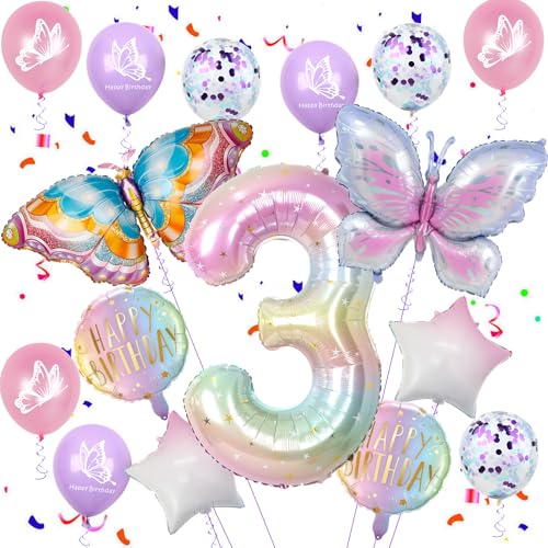Schmetterlinge Deko 3. Geburtstag Mädchen, Schmetterling Folienballon 3 Jahre Geburtstag Deko, 3 Jahre Schmetterling Geburtstag Deko, 3. Geburtstagsdeko Rosa, Schmetterling 3. Luftballon von Ohaoduo