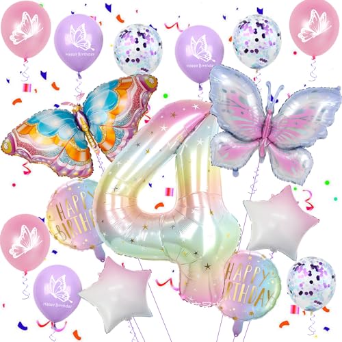 Schmetterlinge Deko 4. Geburtstag Mädchen, Schmetterling Folienballon 4 Jahre Geburtstag Deko, 4 Jahre Schmetterling Geburtstag Deko, 4. Geburtstagsdeko Rosa, Schmetterling 4. Luftballon von Ohaoduo