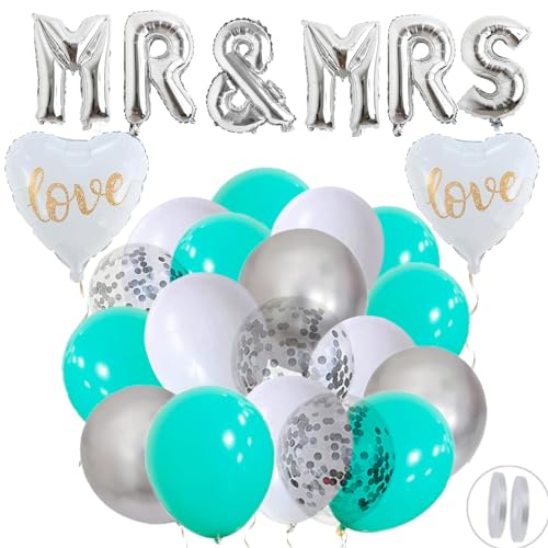 60 Stück Hochzeit Luftballon Türkis Weiß MR & MRS Foil Silber Ballons Deko Hochzeit Ballons Hochzeitsballons 30 cm Ballon Türkis Weiß Silber von Ohighing