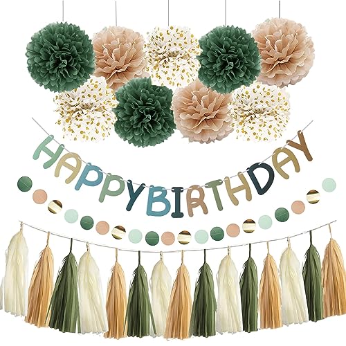 Geburtstag Dekorationen Banner Geburtstagsgirlande Grün Khaki Weiß Tissue Pompoms Girlande mit Punkt Banner Geburtstagsparty Dekoration von Ohighing