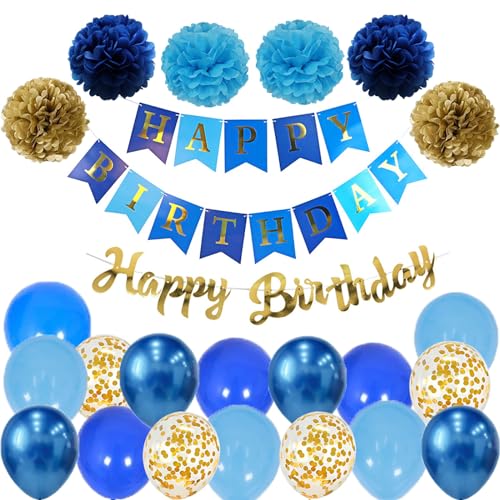 Happy Birthday Blau Gold Geburtstag Party Deko Set Geburtstag Girlande Luftballons Blau Gold Ballons 6 Pompoms Geburtstagsdeko Män von Ohighing