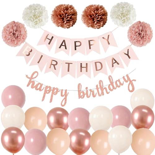 Happy Birthday Rosa Rosegold Geburtstag Party Deko Set Geburtstag Girlande Luftballons Retro Rosa Ballons 6 Pompoms Kindergeburtstag von Ohighing