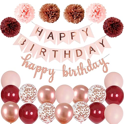 Happy Birthday Weinrot Rosegold Geburtstag Party Deko Set Geburtstag Girlande Luftballons Burgund Rosegold Ballons 6 Pompoms Geburtstagsdeko Mädchen von Ohighing