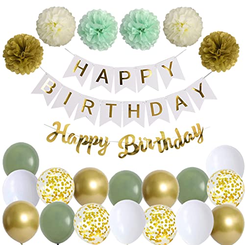 Happy Birthday Weiß Gold Geburtstag Party Deko Set Geburtstag Girlande Luftballons Grün Gold Ballons 6 Pompoms Geburtstagsdeko Mädchen von Ohighing