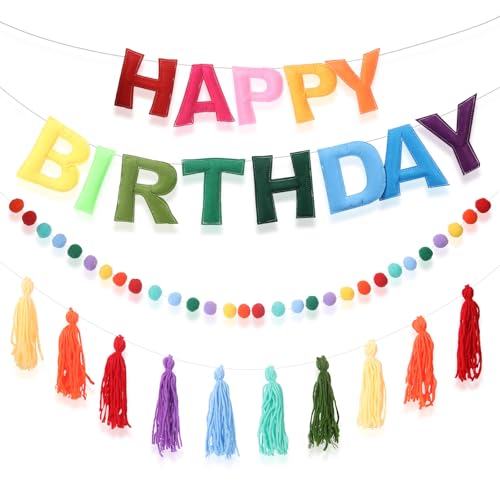 Happy Birthday Banner Regenbogen vorbespannt Filzball Pom Pom Girlande Banner für Geburtstagsparty Dekorationen Babyparty Foto Hintergrund von Ohiyoo