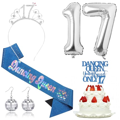 Dancing Queen Party Dekorationen 17-17 Geburtstag Dekorationen für Mädchen, Geburtstag Party Dekorationen Zubehör mit 17 Königin Krone, Tanzende Königin Schärpe, Tanzende Königin Cake Topper, Ohrringe Dancing Queen Party Dekorationen 17-17 Geburtstag Dekorationen für Mädchen, Geburtstag Party Dekorationen Zubehör mit 17 Königin Krone, Tanzende Königin Schärpe, Tanzende Königin Cake Topper, Ohrringe von Ohmique