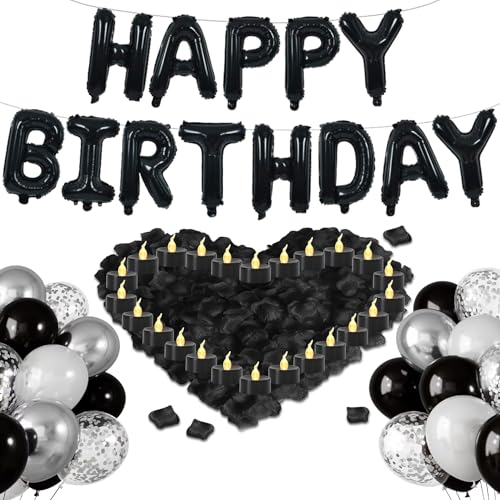 Geburtstagsdekorationen für Männer – schwarze und silberne Geburtstagsdekorationen enthalten Buchstabenballon-Banner und Luftballons und 1000 Stück Rosenblätter und 24 LED-Teelichtkerzen von Ohmique