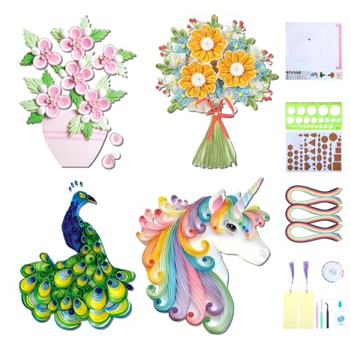 Ohmique - Papierquilling-Set für Anfänger und Erwachsene, mit Quilling-Papierstreifen, 5 mm, filigrane Papierwerkzeuge, 4 Quilling-Muster, Blumen, Pfau, Einhorn, DIY von Ohmique