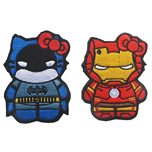 Ohrong 2 Stück Hello Kitty als Batman Iron Man bestickt taktische Morale Patches Set Military Armbands Abzeichen Embleme Applikationen mit Haken & Schlaufe von Ohrong