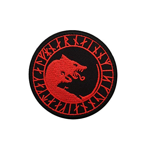 Ohrong Wikinger-Wolf, bestickt, moral, taktischer Aufnäher, rundes Armband, Emblem mit Klettverschluss (rot) von Ohrong