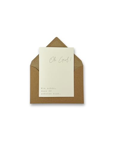 Ohso O’lala Glückwunschkarte zur Geburt Mädchen – Minimalistisches Design – Leinenpapier Klappkarte mit Umschlag – Nachhaltige Babykarte zur Geburt oder Taufe (Oh Girl) von Ohso O'lala