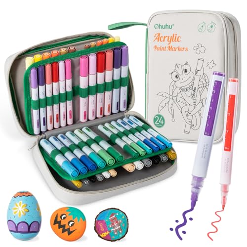 Ohuhu Acrylstifte, 48er Pack 24 Feine Spitze und 24 mittelgroßen Rundspitzen (umschaltbare Meißel und Rundspitze) Acrylic Marker Wasserfest & Hochdeckend für steine bemalen Holz Leinwand Glas Keramik von Ohuhu