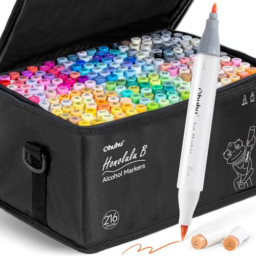 Ohuhu Marker Stifte 216 Farben Doppelspitzen Marker Stifte SetAlkoholbasis für Künstler Erwachsene Malen Zeichnen Skizzen Illustration Pinsel feine Doppelspitze mit 1 Mischer Honolulu B von Ohuhu