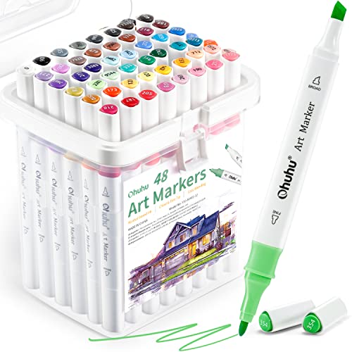 Marker Stifte 48 Farben, Ohuhu Marker Stifte mit Doppelspitze Meißel und Feines Kunstmarker-Set Alkohol Marker Stift Set Erwachsene zum Ausmalen von Illustrationen von Ohuhu