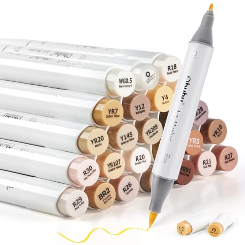 Ohuhu 24 Hauttonfarben Alkohol-Filzstifte, Pinsel & Fine, Sketch Kunst Marker auf Alkoholbasis für Erwachsene, Illustration, Mittelton-Hautton- und Haarschattierungs-Marker Set, Honolulu B von Ohuhu